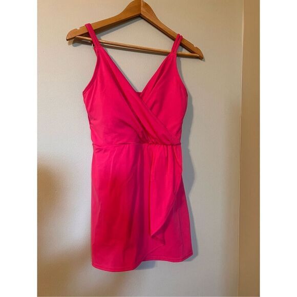 Lands End Size S Tulip Wrap Swim Dress Hot Pink One Piece Modest Swimsuit Preppy - Picture 4 of 11